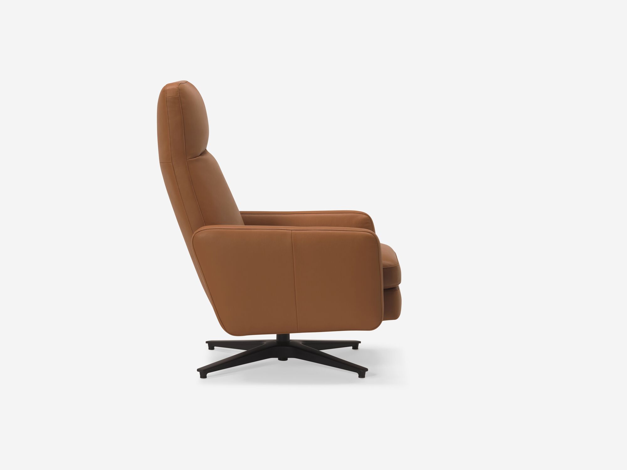 Side view of brown leather reclining chair